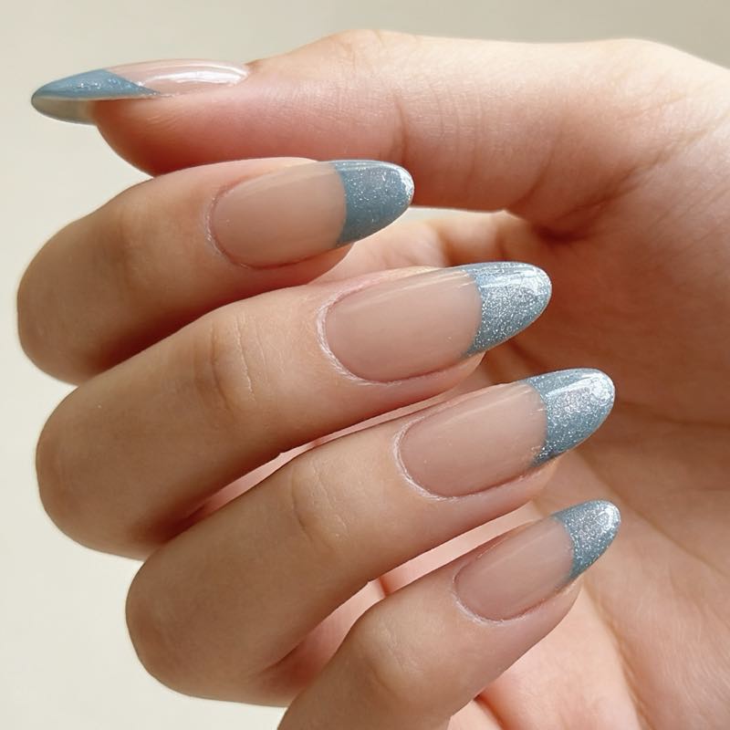 Medium Almond Press - On Nails with Striking Blue Cat - Eye French