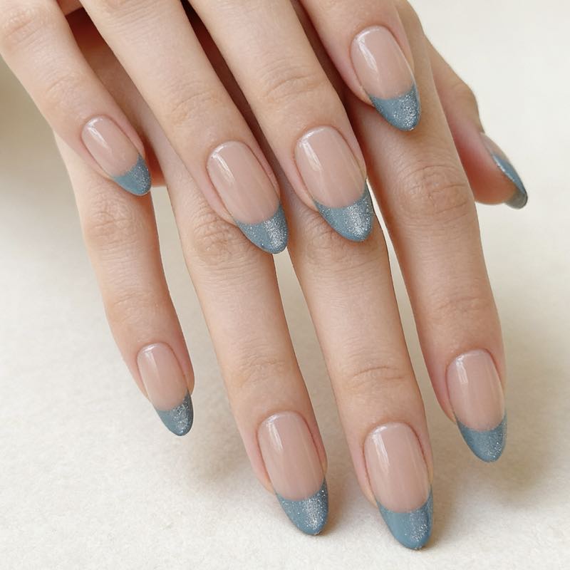 Medium Almond Press - On Nails with Striking Blue Cat - Eye French